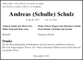 Traueranzeigen Von Andreas Schulle Schulz Trauer Nordkurier