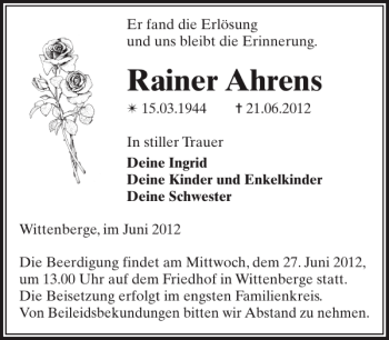 Traueranzeigen Von Rainer Ahrens Trauer Nordkurier