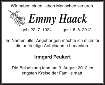 Traueranzeigen Von Emmy Haack Trauer Nordkurier