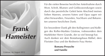 Traueranzeigen Von Frank Hameister Trauer Nordkurier