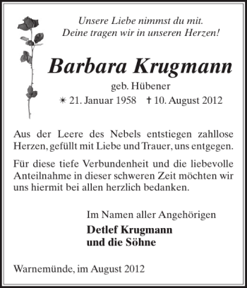 Traueranzeigen Von Barbara Krugmann Trauer Nordkurier