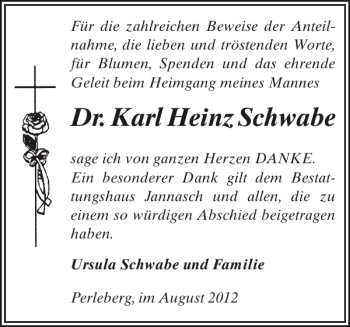 Traueranzeigen Von Dr Karl Heinz Schwabe Trauer Nordkurier