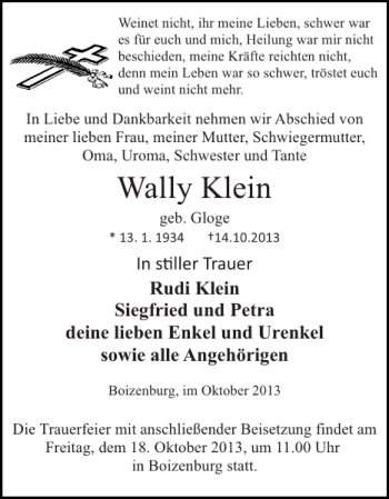 Traueranzeigen Von Wally Klein Trauer Nordkurier