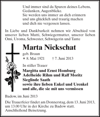 Traueranzeigen Von Marta Nickschat Trauer Nordkurier