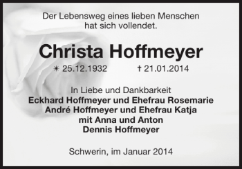 Traueranzeigen Von Christa Hoffmeyer Trauer Nordkurier