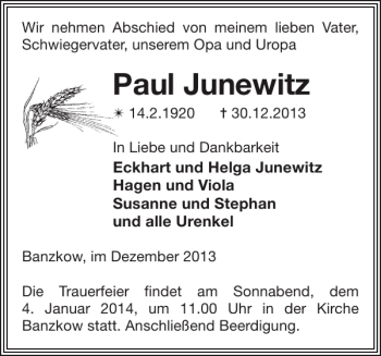 Traueranzeigen Von Paul Junewitz Trauer Nordkurier