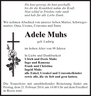 Traueranzeigen Von Adele Muhs Trauer Nordkurier