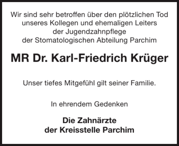 Traueranzeigen Von Mr Dr Karl Friedrich Kr Ger Trauer Nordkurier