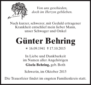 Traueranzeigen Von G Nter Behring Trauer Nordkurier