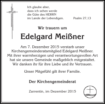 Traueranzeigen von Edelgard Meißner Trauer Nordkurier