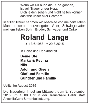 Traueranzeigen Von Roland Lange Trauer Nordkurier