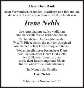 Traueranzeigen Von Irene Nehls Trauer Nordkurier