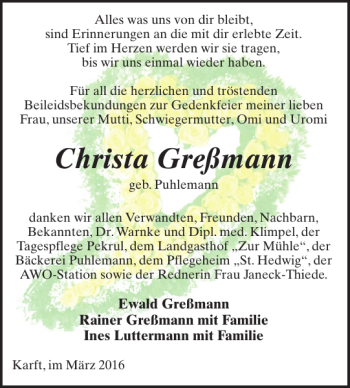 Traueranzeigen von Christa Greßmann Trauer Nordkurier