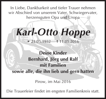 Traueranzeigen Von Karl Otto Hoppe Trauer Nordkurier