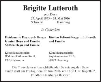 Traueranzeigen Von Brigitte Lutteroth Trauer Nordkurier