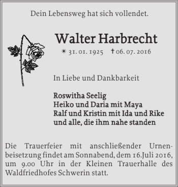 Traueranzeigen Von Walter Harbrecht Trauer Nordkurier