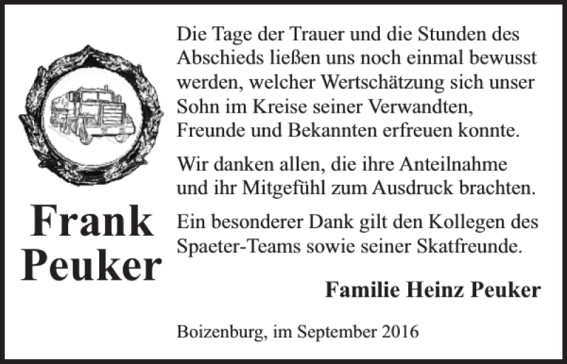 Traueranzeigen Von Frank Peuker Trauer Nordkurier