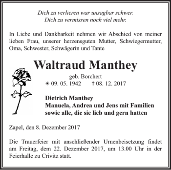 Traueranzeigen Von Waltraud Manthey Trauer Nordkurier