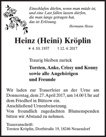 Traueranzeigen Von Heinz Heini Kr Plin Trauer Nordkurier