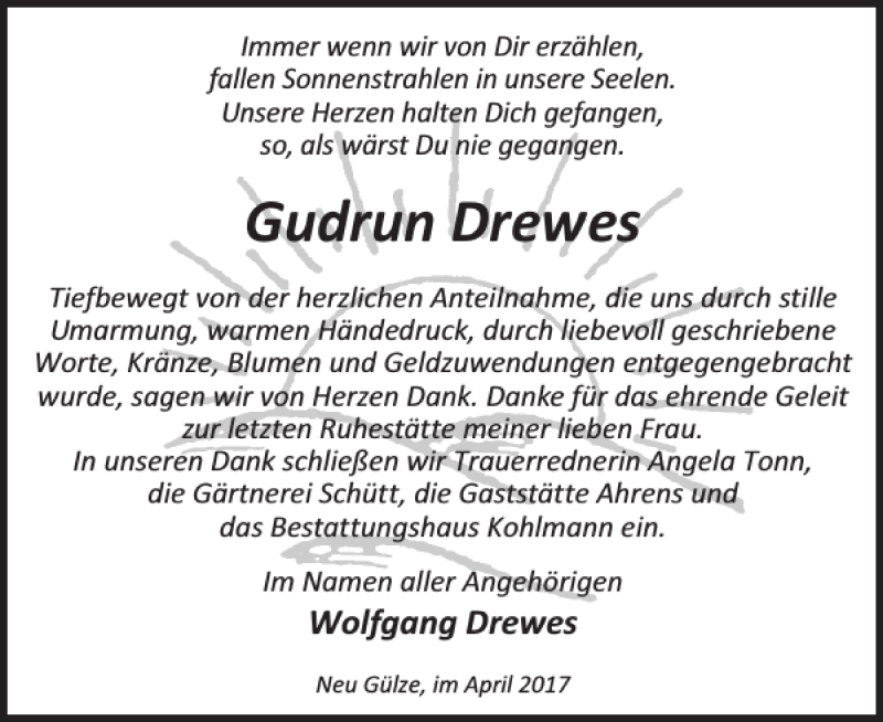 Traueranzeigen Von Gudrun Drewes Trauer Nordkurier