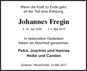 Traueranzeigen Von Johannes Fregin Trauer Nordkurier