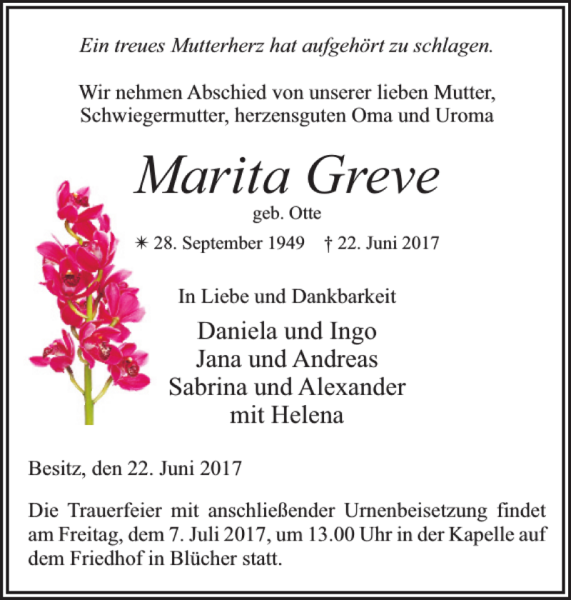 Traueranzeigen Von Marita Greve Trauer Nordkurier