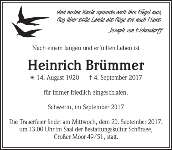 Traueranzeigen Von Heinrich Br Mmer Trauer Nordkurier