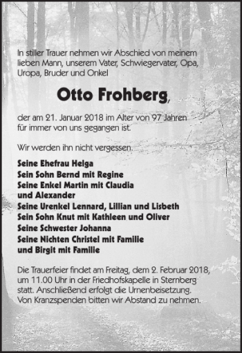 Traueranzeigen Von Otto Frohberg Trauer Nordkurier