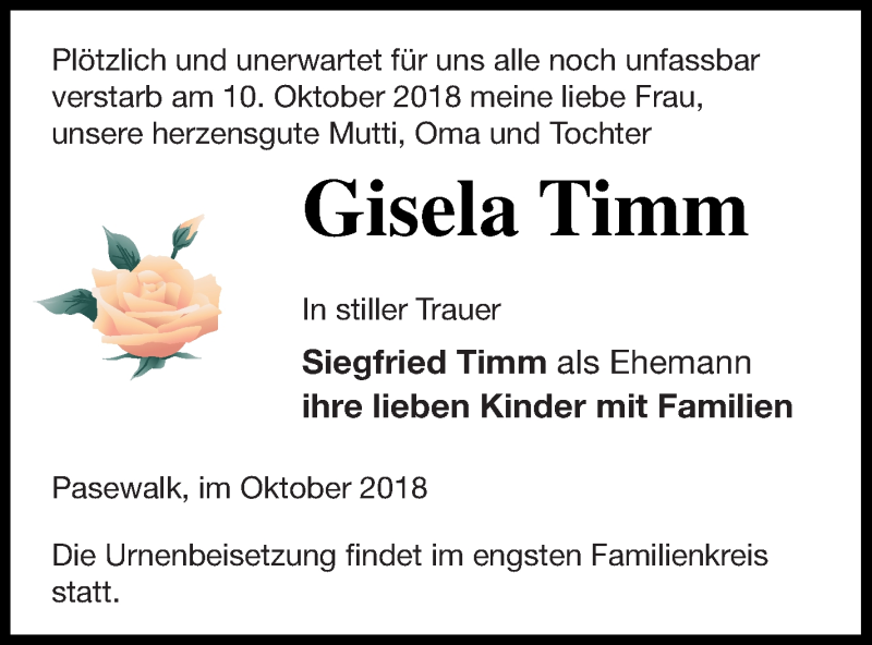  Traueranzeige für Gisela Timm vom 16.10.2018 aus Pasewalker Zeitung