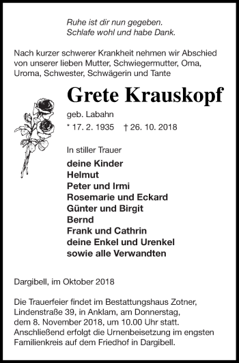 Traueranzeige von Grete Krauskopf von Vorpommern Kurier