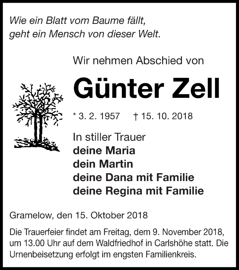  Traueranzeige für Günter Zell vom 19.10.2018 aus Neubrandenburger Zeitung