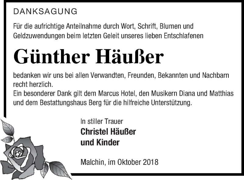  Traueranzeige für Günther Häußer vom 30.10.2018 aus Mecklenburger Schweiz