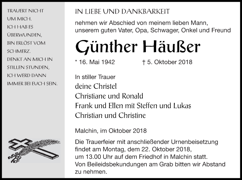  Traueranzeige für Günther Häußer vom 18.10.2018 aus Mecklenburger Schweiz