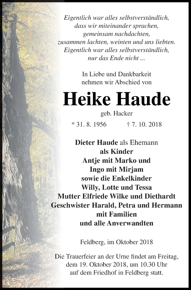  Traueranzeige für Heike Haude vom 12.10.2018 aus Strelitzer Zeitung