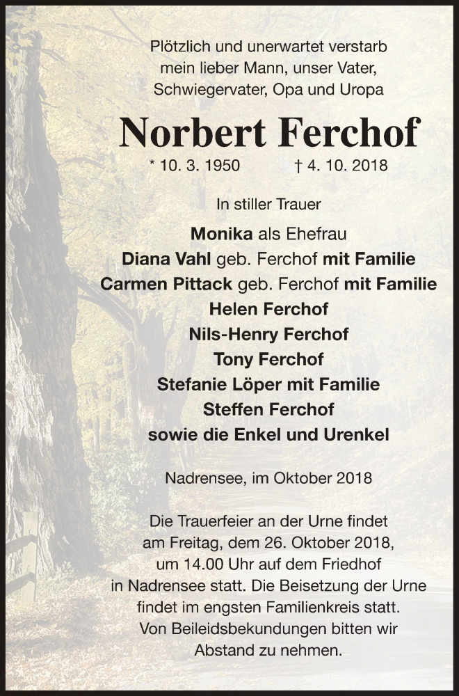  Traueranzeige für Norbert Ferchof vom 09.10.2018 aus Pasewalker Zeitung