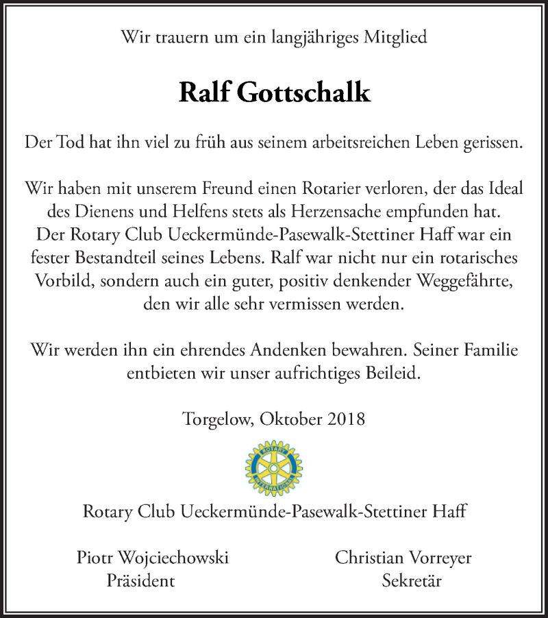  Traueranzeige für Ralf Gottschalk vom 02.10.2018 aus Haff-Zeitung