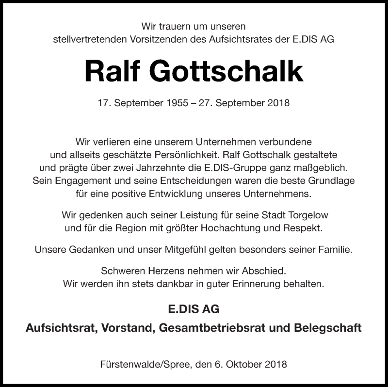 Traueranzeige für Ralf Gottschalk vom 06.10.2018 aus Nordkurier Gesamtausgabe