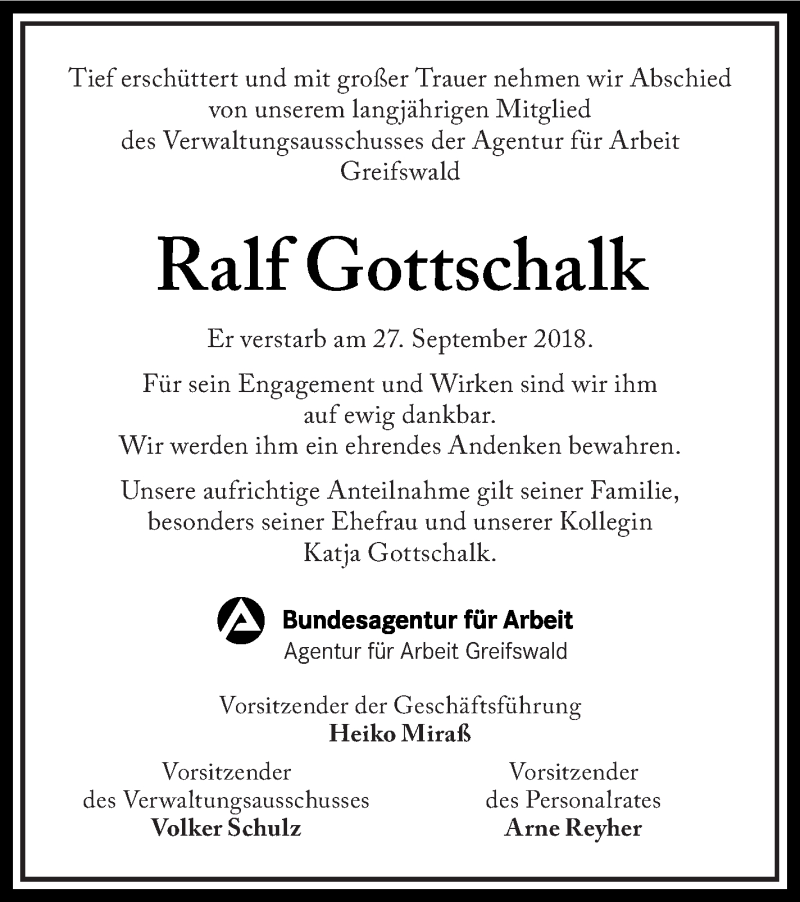  Traueranzeige für Ralf Gottschalk vom 04.10.2018 aus Haff-Zeitung