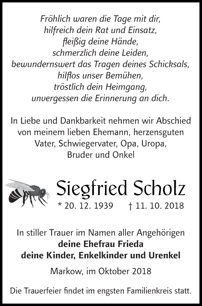  Traueranzeige für Siegfried Scholz vom 16.10.2018 aus Mecklenburger Schweiz