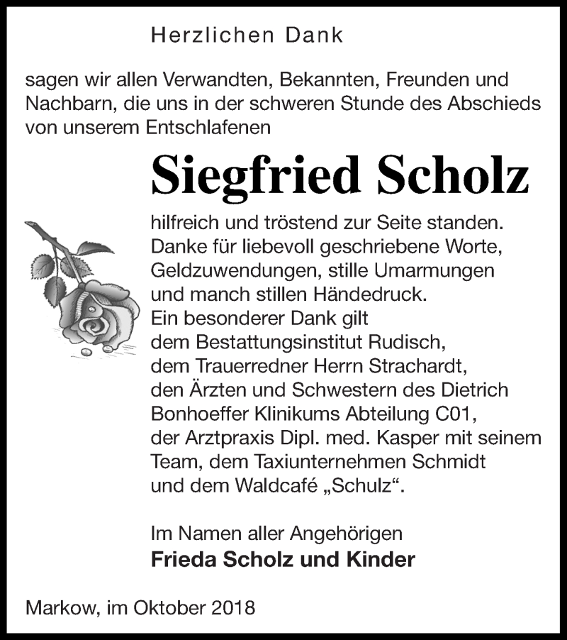  Traueranzeige für Siegfried Scholz vom 26.10.2018 aus Mecklenburger Schweiz