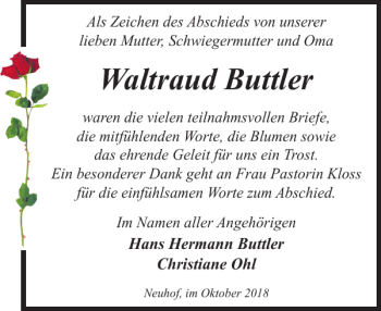 Traueranzeigen Von Waltraud Buttler Trauer Nordkurier