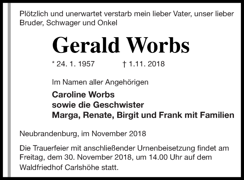  Traueranzeige für Gerald Worbs vom 09.11.2018 aus Neubrandenburger Zeitung