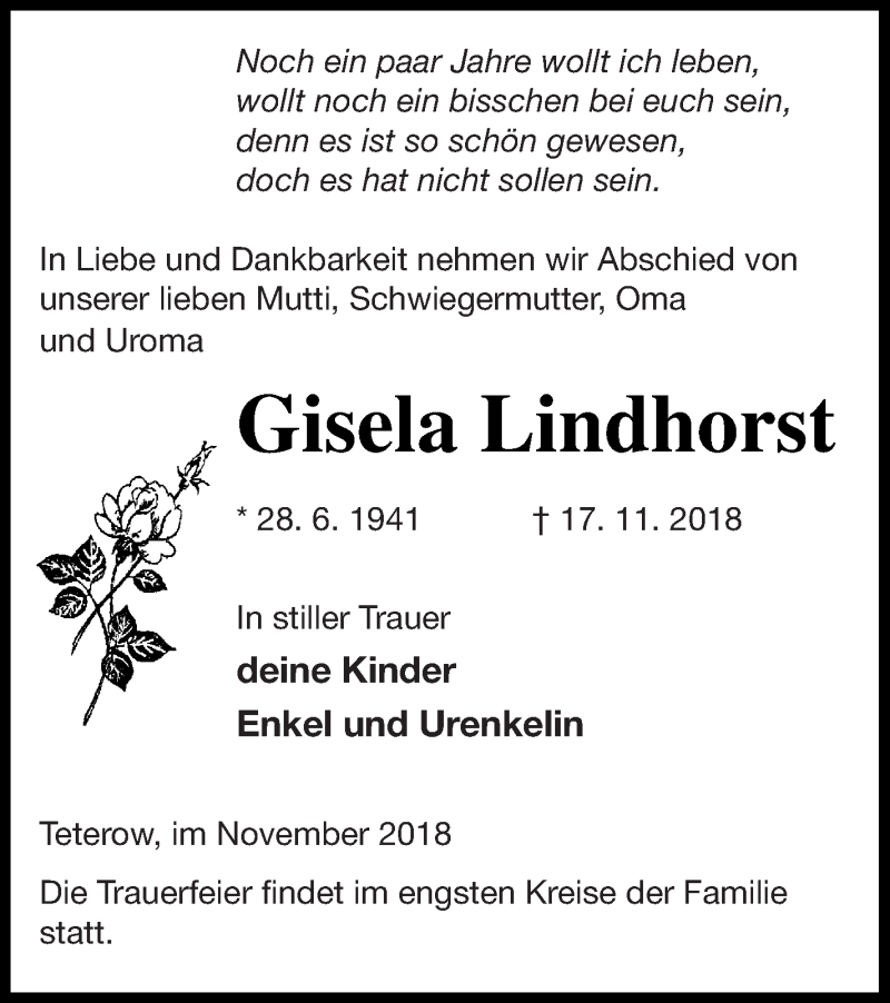  Traueranzeige für Gisela Lindhorst vom 23.11.2018 aus Mecklenburger Schweiz