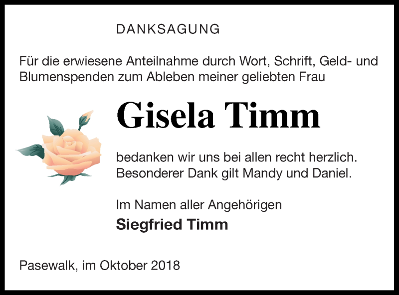  Traueranzeige für Gisela Timm vom 09.11.2018 aus Pasewalker Zeitung