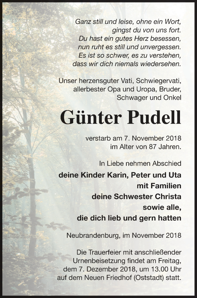  Traueranzeige für Günter Pudell vom 10.11.2018 aus Neubrandenburger Zeitung