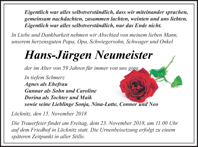  Traueranzeige für Hans-Jürgen Neumeister vom 20.11.2018 aus Pasewalker Zeitung
