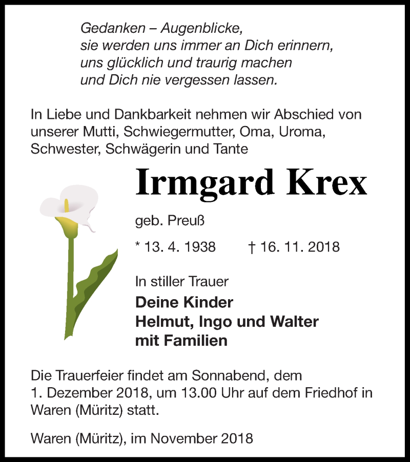  Traueranzeige für Irmgard Krex vom 21.11.2018 aus Müritz-Zeitung
