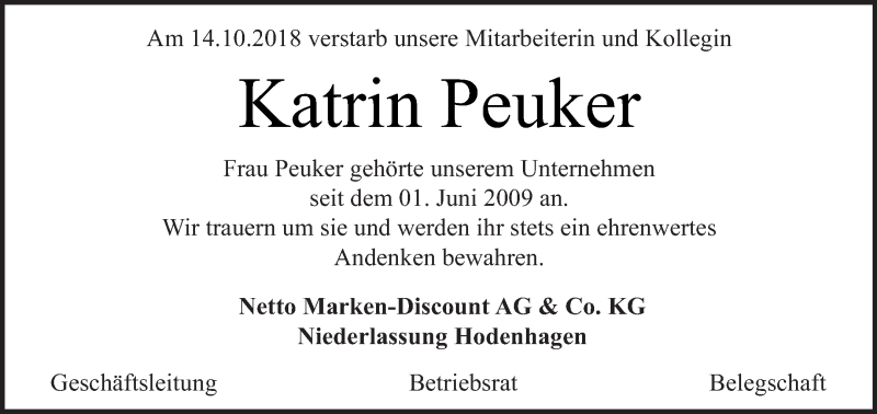  Traueranzeige für Katrin Peuker vom 07.11.2018 aus Haff-Zeitung