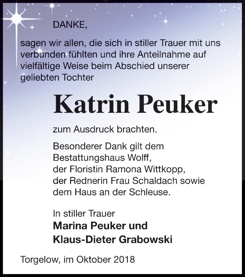  Traueranzeige für Katrin Peuker vom 24.11.2018 aus Haff-Zeitung