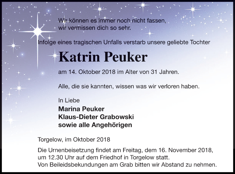  Traueranzeige für Katrin Peuker vom 07.11.2018 aus Haff-Zeitung